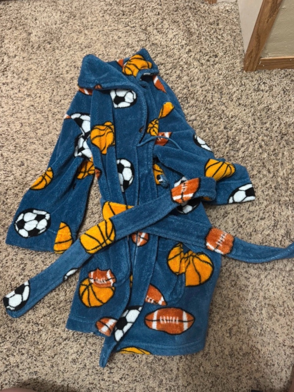 Kids Sports Print Fleece Bathrobe - Blue with Orange Balls